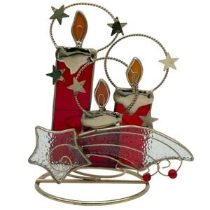 Stained Glass Red Yellow Christmas Candle Holder Gold Shooting Star Suncatcher